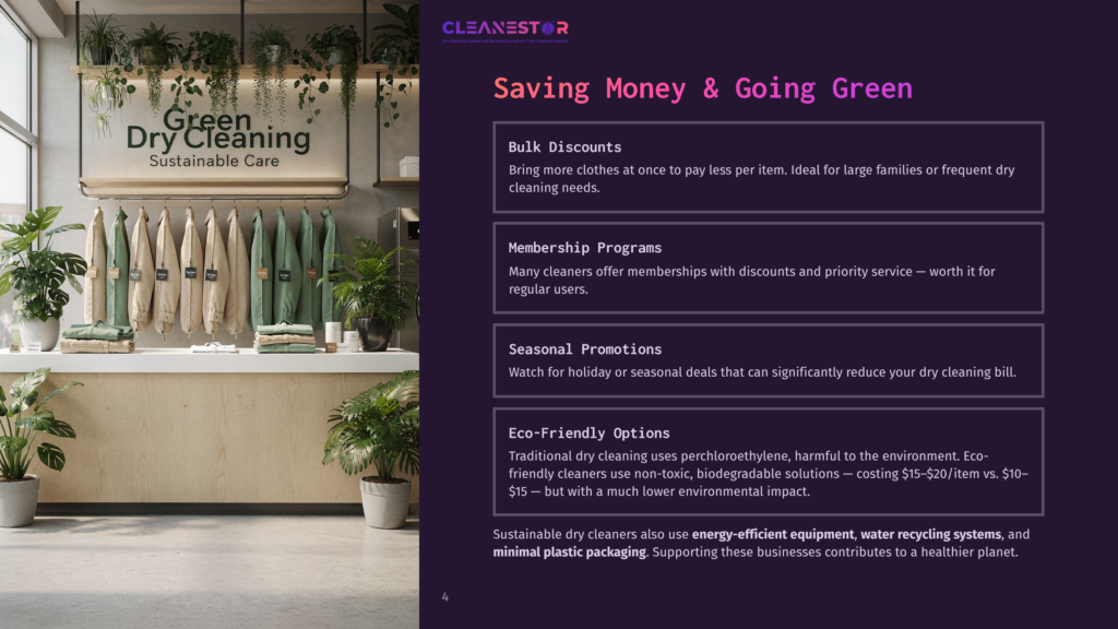 4 Saving Money And Going Green Cleanestor Logo And Text &Quot;Saving Money &Amp; Going Green&Quot; With Sections On Bulk Discounts, Membership Programs, Seasonal Promotions, And Eco-Friendly Options, Set Against A Backdrop Of A Modern Dry Cleaning Store With Green Plants And Clothes On Hangers.