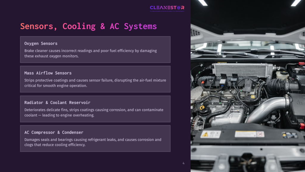 Close-Up Of A Car Engine Bay, With Text Overlay Detailing &Quot;Sensors, Cooling &Amp; Ac Systems&Quot; And Descriptions Of Oxygen Sensors, Mass Airflow Sensors, Radiator &Amp; Coolant Reservoir, And Ac Compressor &Amp; Condenser.
