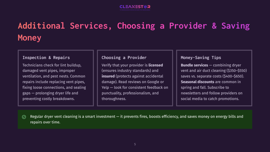 A Dark Background With A Purple Gradient At The Top, Displaying The Text &Quot;Cleanestor&Quot; In White And &Quot;Professional Dryer Vent Cleaning Service&Quot; In Smaller White Text Below. Below This, Large Purple Text Reads &Quot;Additional Services, Choosing A Provider &Amp; Saving Money.&Quot; Three Columns With White Text And Purple Headings Describe &Quot;Inspection &Amp; Repairs,&Quot; &Quot;Choosing A Provider,&Quot; And &Quot;Money-Saving Tips.&Quot; A Green Bar At The Bottom Contains White Text About Regular Dryer Vent Cleaning Benefits.