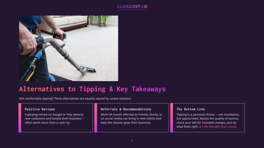 A Person Uses A Carpet Cleaning Machine On A Beige Carpet In A Living Room. The Text Overlay Reads &Quot;Alternatives To Tipping &Amp; Key Takeaways&Quot; And &Quot;Cleanestor&Quot;.