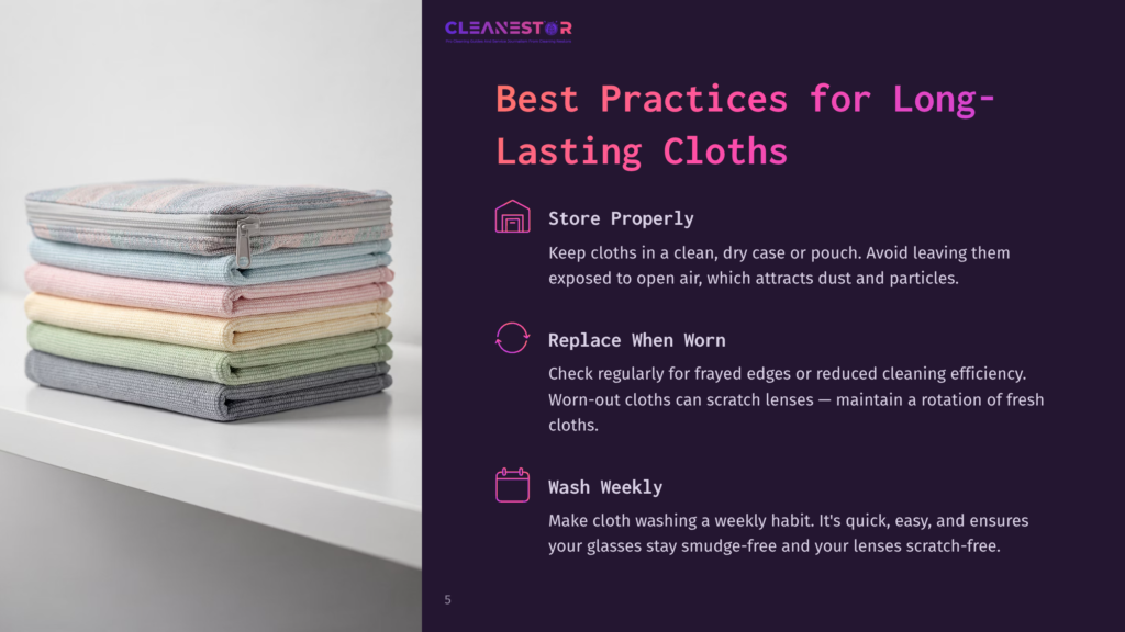 A Stack Of Neatly Folded Microfiber Cleaning Cloths In Pastel Shades Of Pink, Blue, Yellow, And Green Are Stored In A Zippered Pouch On A White Shelf. Text On The Right Side Of The Image Offers &Quot;Best Practices For Long-Lasting Cloths,&Quot; Including Tips On Storage, Replacement, And Washing.