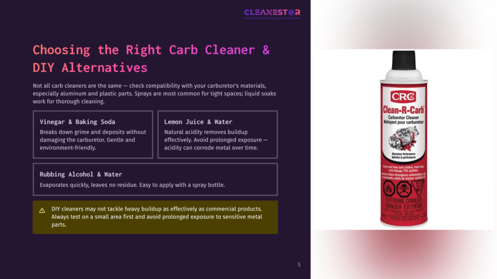A Can Of Crc Clean-R-Carb Carburetor Cleaner Sits On A Dark Background, Next To Text Discussing Choosing The Right Carb Cleaner And Diy Alternatives Like Vinegar And Baking Soda, And Lemon Juice And Water.