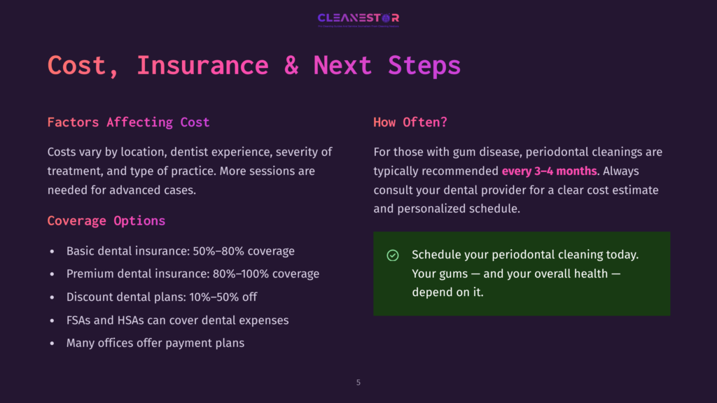 Cleanestor Logo At The Top. The Slide Titled &Quot;Cost, Insurance &Amp; Next Steps&Quot; Details Factors Affecting The Cost Of Periodontal Cleanings, Including Dental Insurance, Discount Dental Plans, Fsas/Hsas, And Payment Plans, And How Often To Schedule Them.