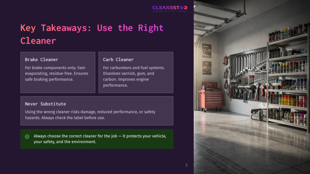 A Workshop Wall Displays A Variety Of Tools And Cleaning Products, With A Focus On Automotive Cleaners. Text Highlights Key Takeaways For Using The Right Cleaner, Such As &Quot;Brake Cleaner&Quot; And &Quot;Carb Cleaner.
