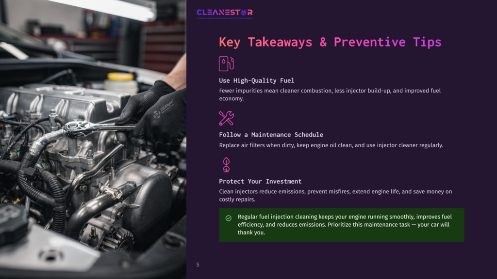 Mechanic'S Gloved Hands Use A Wrench To Work On A Car Engine, With Text Overlay Listing &Quot;Key Takeaways &Amp; Preventive Tips&Quot; For Fuel Injection Cleaning.