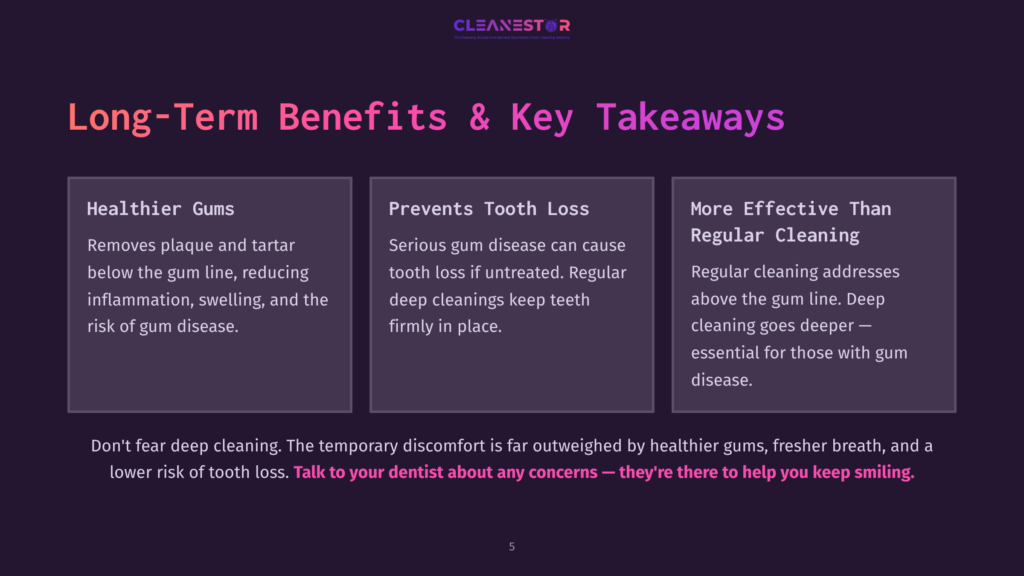 Cleanestor Logo And Text: &Quot;Long-Term Benefits &Amp; Key Takeaways.&Quot; Three Columns Detail &Quot;Healthier Gums,&Quot; &Quot;Prevents Tooth Loss,&Quot; And &Quot;More Effective Than Regular Cleaning.