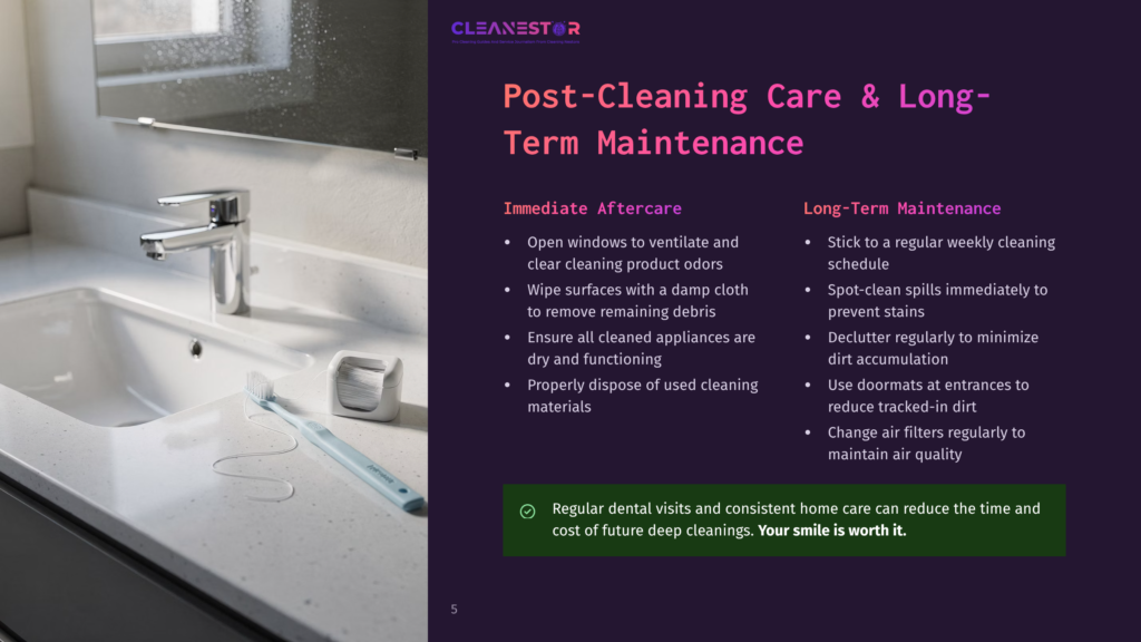 A Clean, Modern Bathroom Sink With A Faucet, A Toothbrush, And A Dental Floss Container. Text Overlay Reads: &Quot;Cleanestor Post-Cleaning Care &Amp; Long-Term Maintenance&Quot;.