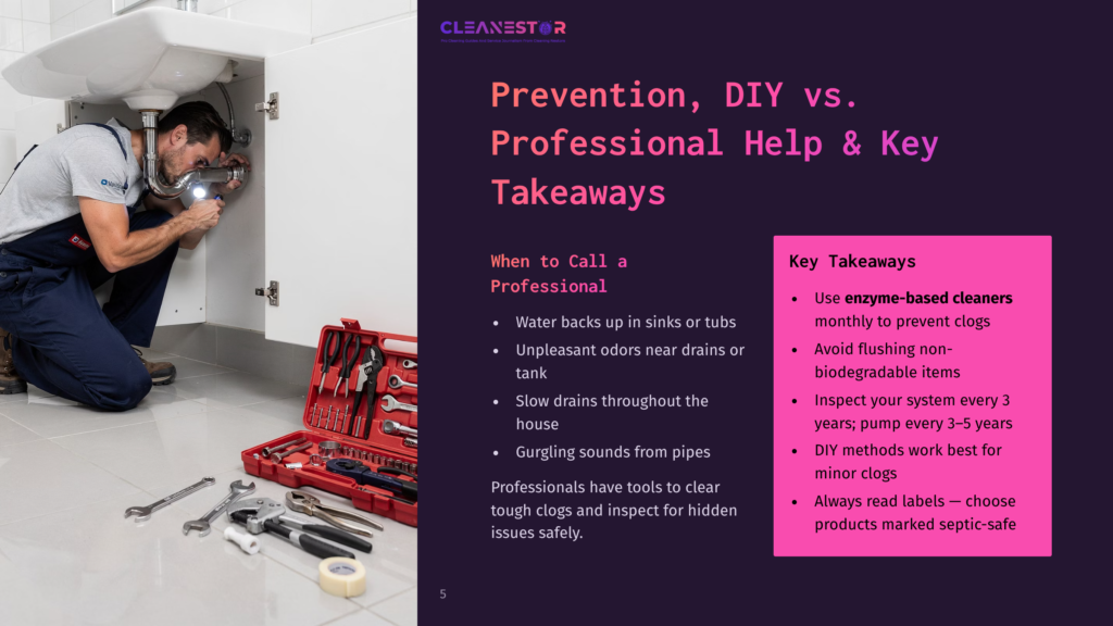 A Plumber Works Under A Sink, Examining Pipes With A Flashlight. A Toolbox With Various Wrenches And Tools Is Open On The Floor Nearby. The Image Includes Text: &Quot;Cleanestor&Quot;, &Quot;Prevention, Diy Vs. Professional Help &Amp; Key Takeaways&Quot;, And &Quot;Key Takeaways&Quot;.