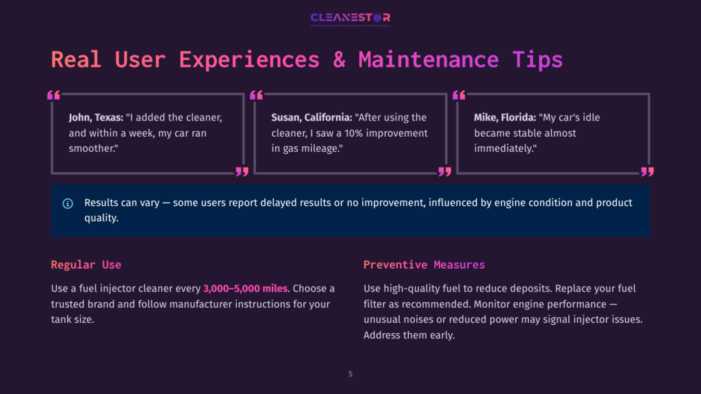 A Dark Purple Slide From Cleanestor Features User Testimonials About Car Maintenance, With Quotes From John In Texas And Susan In California, And Information On &Quot;Regular Use&Quot; And &Quot;Preventive Measures&Quot; For Fuel Injectors.