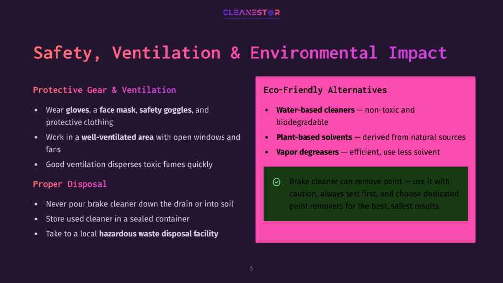 Slide Titled &Quot;Safety, Ventilation &Amp; Environmental Impact&Quot; From Cleanestor, Detailing Protective Gear, Proper Disposal, And Eco-Friendly Cleaning Alternatives. Includes Text About Gloves, Masks, Goggles, Ventilation, And Plant-Based And Water-Based Cleaners.