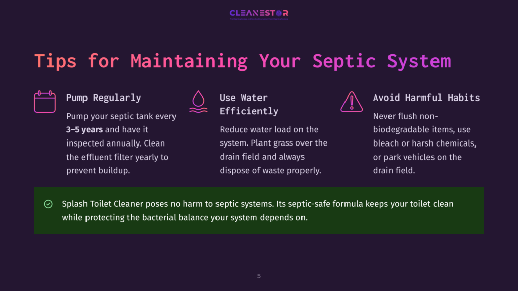 5 Tips For Maintaining Your Septic System Infographic With Tips For Maintaining Your Septic System: Pump Regularly, Use Water Efficiently, Avoid Harmful Habits. Features Icons And Text On A Dark Purple Background.