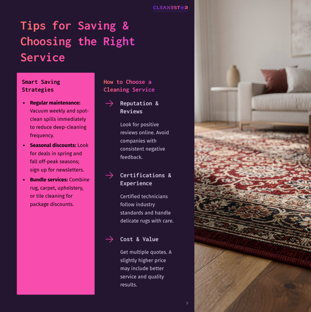 5 Tips For Saving And Choosing The Right Service A Dark Pink Brochure Titled &Quot;Tips For Saving &Amp; Choosing The Right Service&Quot; With Text About Cleaning Services And A Blurred Background Of A Living Room With A Patterned Rug And Sofa.