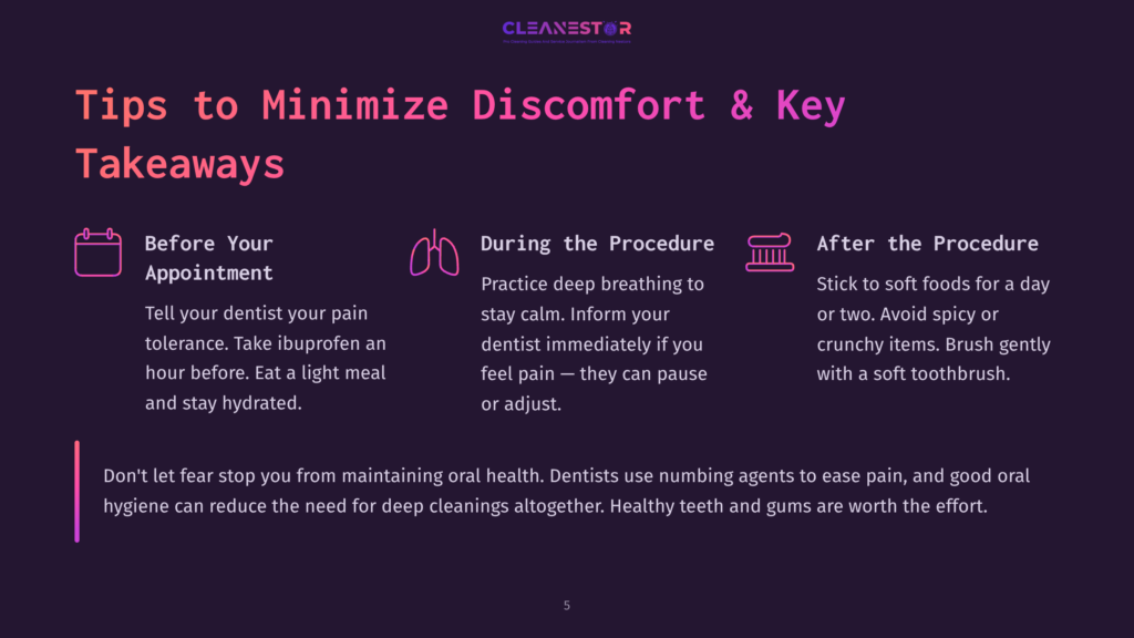 Infographic Titled &Quot;Tips To Minimize Discomfort &Amp; Key Takeaways&Quot; With Three Columns: &Quot;Before Your Appointment,&Quot; &Quot;During The Procedure,&Quot; And &Quot;After The Procedure,&Quot; Offering Advice For Dental Visits.