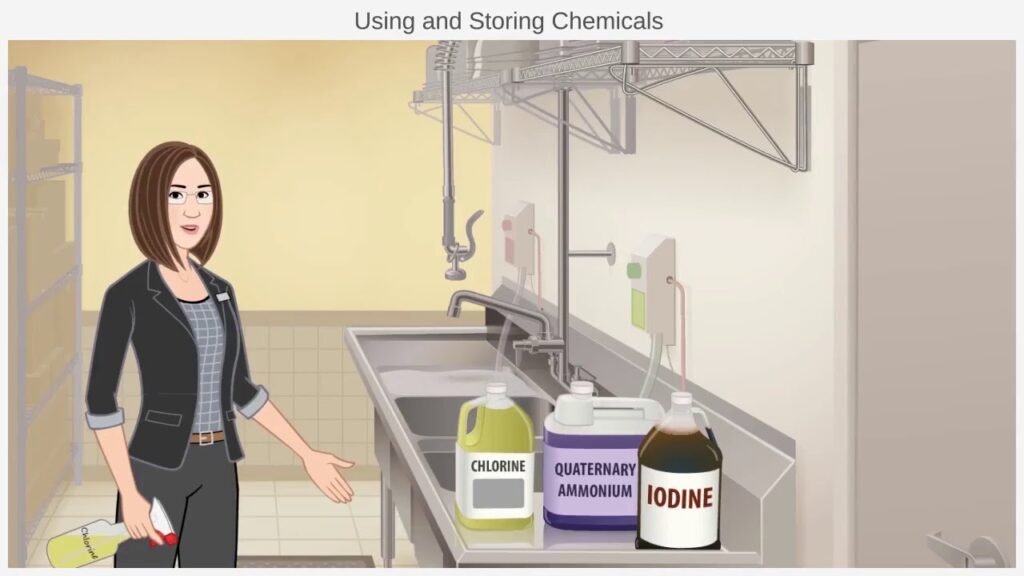 A Food Worker Finishes Cleaning And Sanitizing The Kitchen