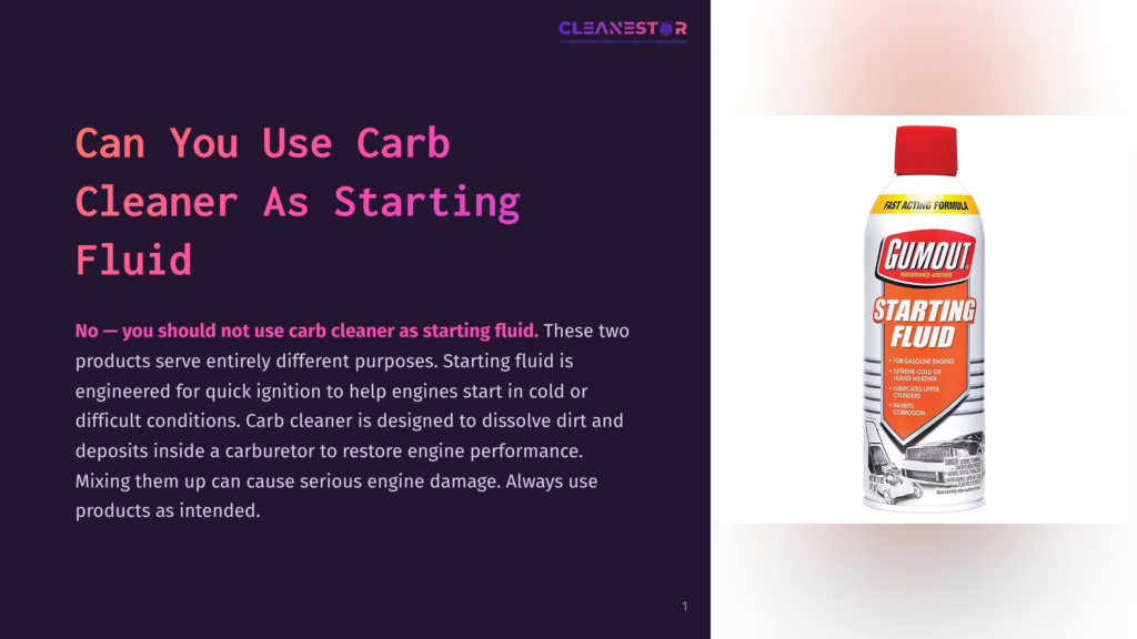 A Can Of Gumout Starting Fluid Sits Next To A Dark Background With Text Asking &Quot;Can You Use Carb Cleaner As Starting Fluid?&Quot;.