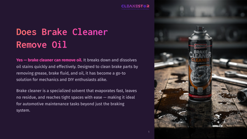 A Can Of Kil-Klean Brake Cleaner Sits On A Wooden Workbench Covered In Oil Stains, With A Disassembled Brake Caliper And Tools In The Background.