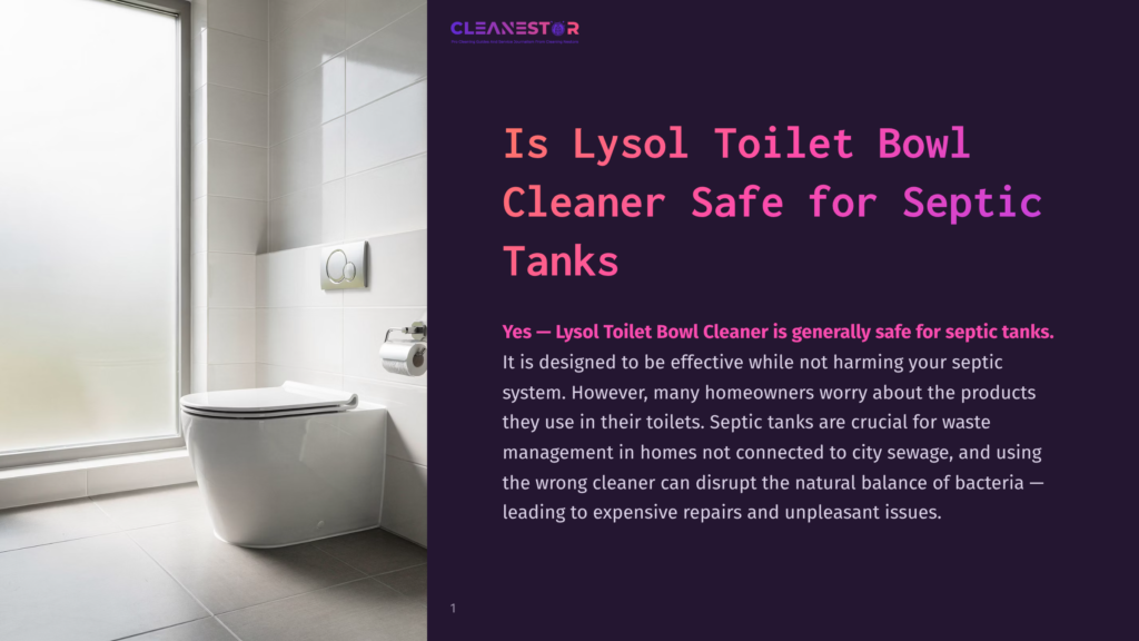 A Modern, Clean Bathroom With A White Toilet And Large Window. The Text Overlay Asks &Quot;Is Lysol Toilet Bowl Cleaner Safe For Septic Tanks?&Quot; And States &Quot;Yes - Lysol Toilet Bowl Cleaner Is Generally Safe For Septic Tanks.