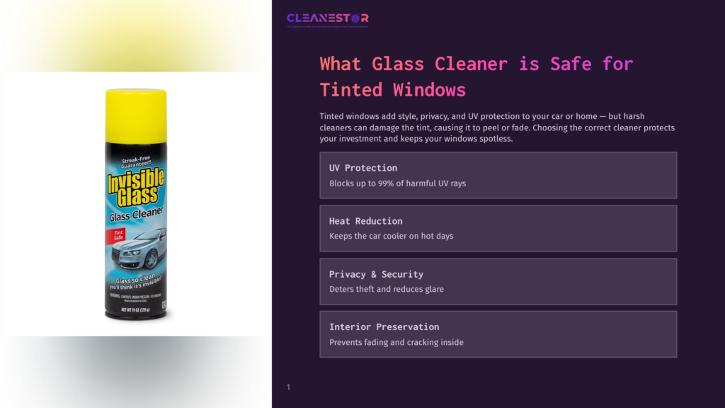 A Can Of &Quot;Invisible Glass&Quot; Glass Cleaner With A Yellow Cap, Featuring A Graphic Of A Car With Tinted Windows. The Text On The Can Reads &Quot;Streak-Free Guaranteed&Quot; And &Quot;Tint Safe&Quot;.