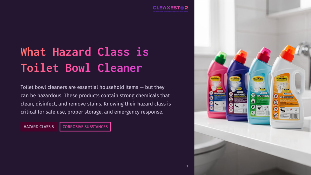 Four Bottles Of Colorful Toilet Bowl Cleaner Sit On A White Countertop, With Hazard Warnings Visible. The Bottles Are Pink, Blue, Light Blue, And White, With The Text &Quot;Cleanestor&Quot; At The Top Of The Image.