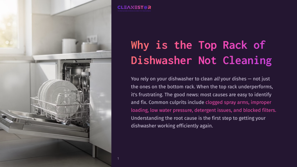 1 Why Is The Top Rack Of Dishwasher Not Cleaning An Open Dishwasher With Clean Plates And Glasses On The Top Rack, Next To Text About Why The Top Rack Of A Dishwasher Is Not Cleaning.