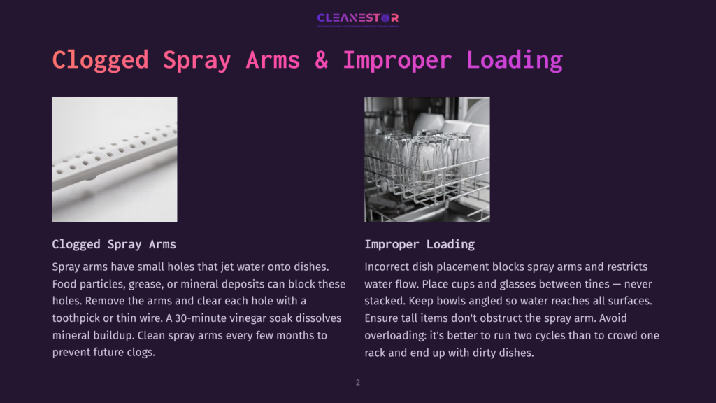 2 Clogged Spray Arms And Improper Loading Close-Up Of A Clogged Dishwasher Spray Arm With Small Holes, Next To A Full Dishwasher Rack Of Clean Glasses.