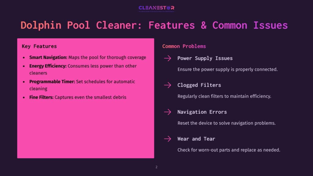 Dolphin Pool Cleaner: Features &Amp; Common Issues Slide. Left Side Lists Key Features: Smart Navigation, Energy Efficiency, Programmable Timer, Fine Filters. Right Side Lists Common Problems: Power Supply Issues, Clogged Filters, Navigation Errors, Wear And Tear.