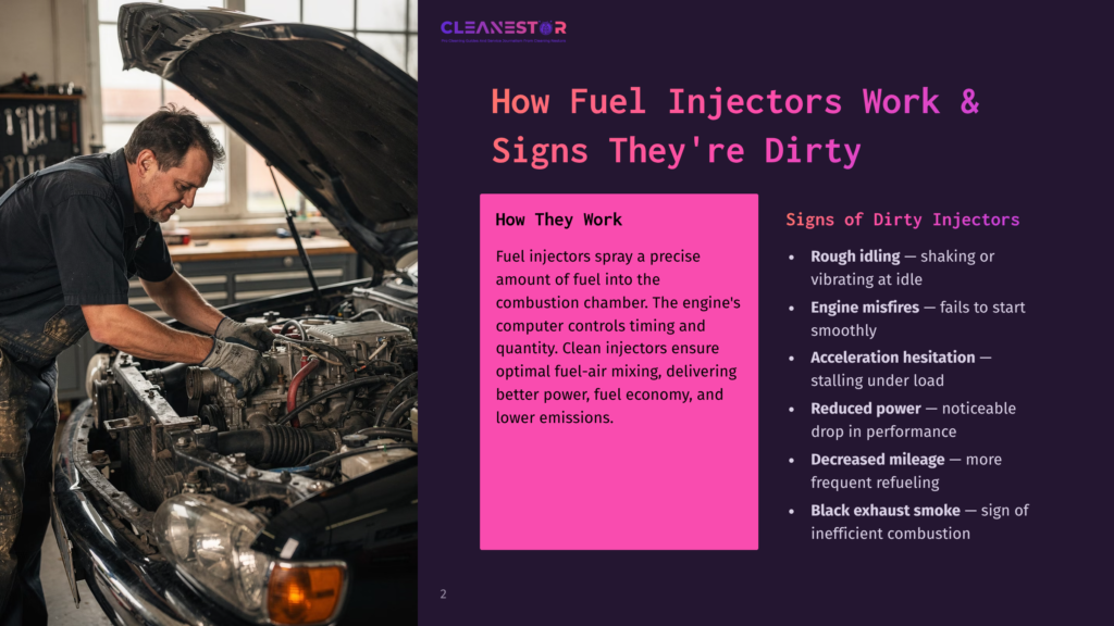 Mechanic Works On A Car Engine, With Text Overlay &Quot;How Fuel Injectors Work &Amp; Signs They'Re Dirty&Quot; And &Quot;Cleanestor&Quot; Logo.