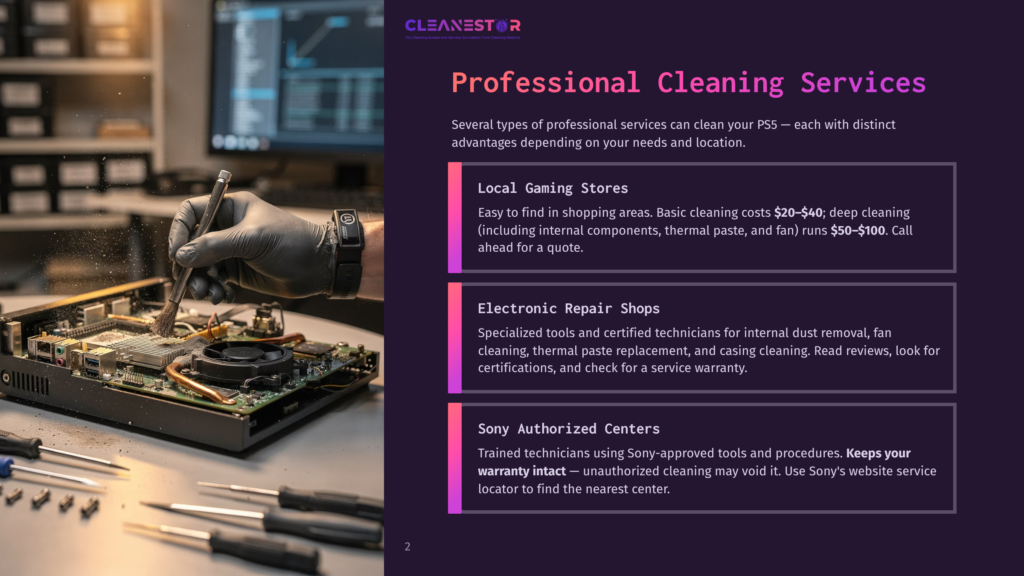 A Technician'S Gloved Hands Carefully Clean The Internal Components Of A Playstation 5 Console With A Brush, Surrounded By Tools And The Console'S Open Casing.