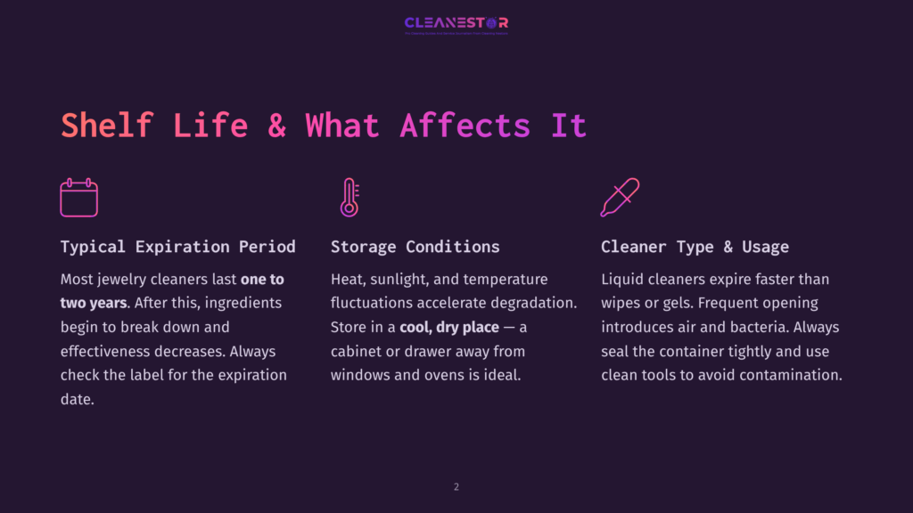 2 Shelf Life And What Affects It Infographic Detailing Jewelry Cleaner Shelf Life And Factors Affecting It: Typical Expiration Periods, Storage Conditions (Cool, Dry Place), And Cleaner Type (Wipes Or Gels).