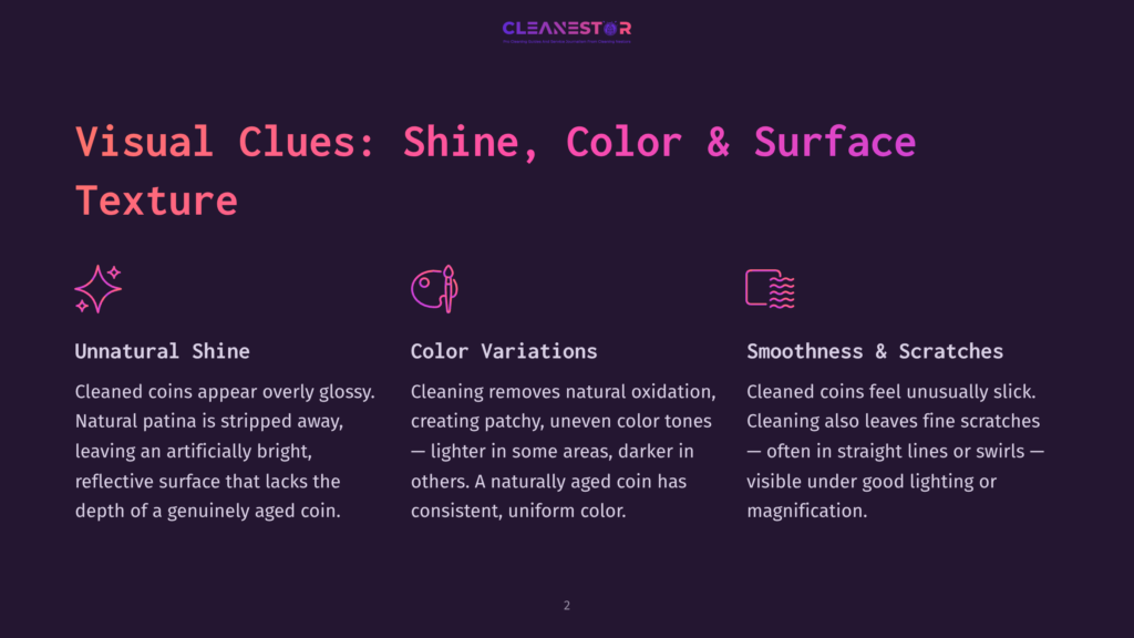 Three Icons With Descriptions: &Quot;Unnatural Shine&Quot; Showing A Sparkly Star, &Quot;Color Variations&Quot; Showing A Paint Palette, And &Quot;Smoothness &Amp; Scratches&Quot; Showing Wavy Lines. The Text Discusses Visual Clues For Coin Cleaning.