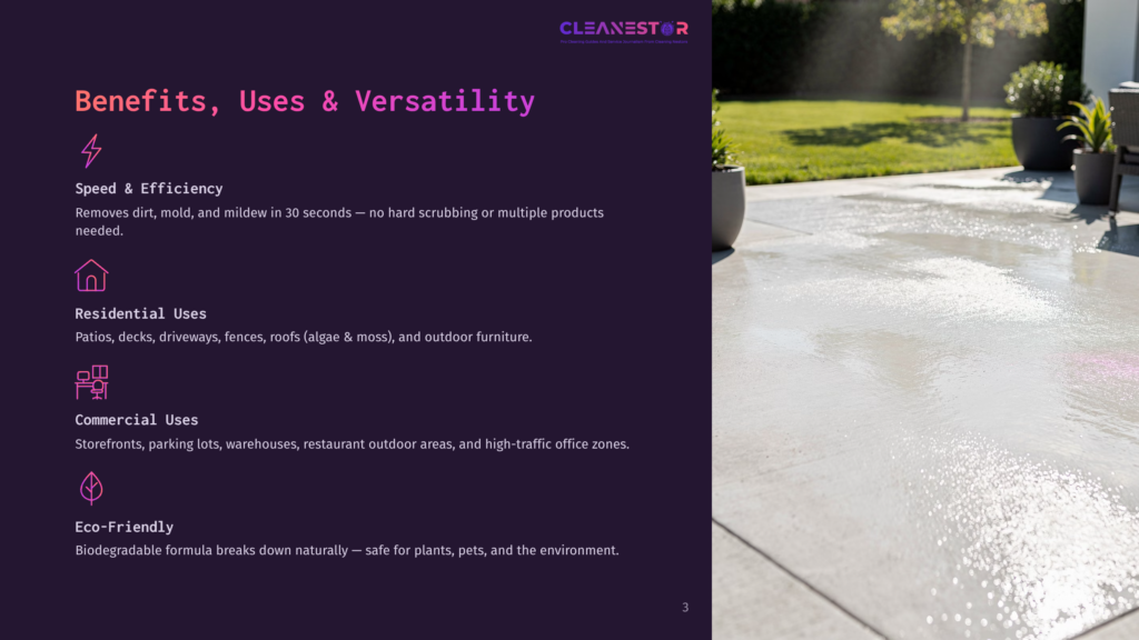 3 Benefits Uses And Versatility Cleanestor Logo On A Dark Purple Background With Text About Benefits, Uses, And Versatility Of A Cleaning Product, Including Speed, Efficiency, Residential Uses, Commercial Uses, And Eco-Friendly Formula.