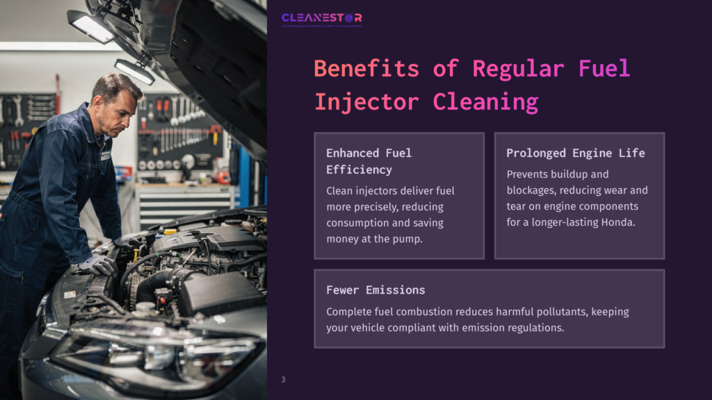 Mechanic In Blue Overalls Meticulously Inspects A Car Engine, With &Quot;Cleanestor&Quot; Logo Visible. Benefits Of Regular Fuel Injector Cleaning Are Listed.