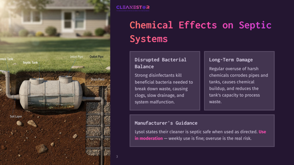 Diagram Illustrating A Septic System'S Chemical Effects, Showing A Septic Tank, Drain Field, And Soil Layer. Text Highlights &Quot;Chemical Effects On Septic Systems,&Quot; &Quot;Disrupted Bacterial Balance,&Quot; And &Quot;Long-Term Damage.