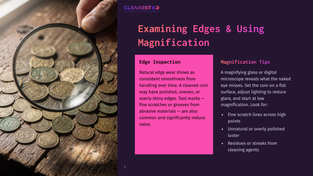 Magnifying Glass Examining The Edges Of Old, Tarnished Coins, Highlighting Details Of Edge Inspection And Coin Cleaning. Text Reads &Quot;Cleanestor&Quot; And &Quot;Edge Inspection&Quot;.