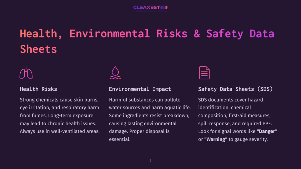 Health, Environmental Risks &Amp; Safety Data Sheets (Sds) Infographic With Icons For Health Risks, Environmental Impact, And Sds Documents. Text Details Chemical Hazards And Safety Information.