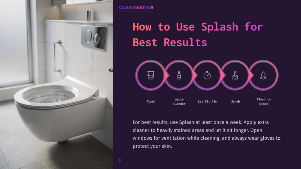A Modern White Toilet With A Sleek Wall-Mounted Flush Plate, Part Of A Bathroom Cleaning Guide Titled &Quot;How To Use Splash For Best Results&Quot; Which Outlines A 5-Step Process.