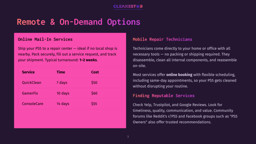 Cleanestor Ps5 Repair Options: Remote Mail-In Services With Typical 1-2 Week Turnaround For Quickclean, Gamerfix, And Consolecare, And Mobile Repair Technicians Offering Online Booking.