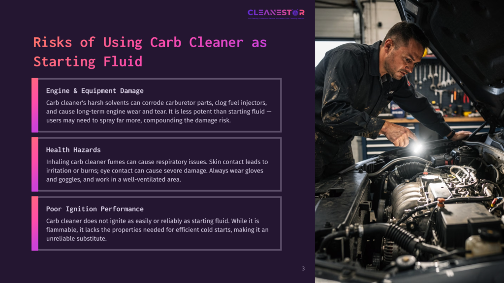 Mechanic In Black Overalls Inspects A Car Engine Bay With A Flashlight, Hood Up, Tools And Equipment Visible In The Background. Text Overlay: &Quot;Risks Of Using Carb Cleaner As Starting Fluid