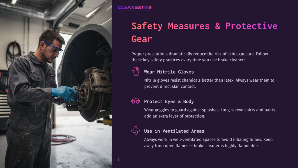 Mechanic Wearing Safety Goggles And Gloves Works On Car Brakes, With Safety Tips For Brake Cleaner Use Displayed On The Right.