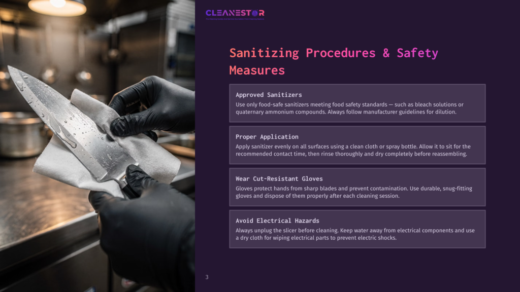 3 Sanitizing Procedures And Safety Measures Close-Up Of Gloved Hands Sanitizing A Large Chef'S Knife With A Cloth, With Text Overlaying The Image: &Quot;Sanitizing Procedures &Amp; Safety Measures,&Quot; &Quot;Approved Sanitizers,&Quot; &Quot;Proper Application,&Quot; &Quot;Wear Cut-Resistant Gloves,&Quot; And &Quot;Avoid Electrical Hazards.