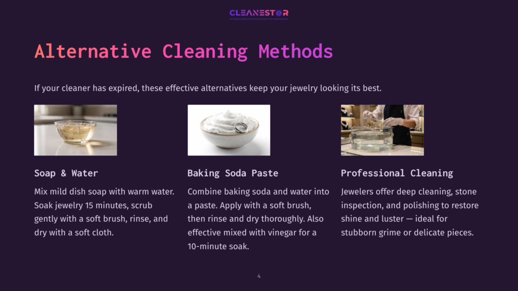 4 Alternative Cleaning Methods Three Distinct Jewelry Cleaning Methods: A Bowl Of Soapy Water With Jewelry, A Bowl Of Baking Soda Paste, And A Jeweler Polishing A Ring. &Quot;Alternative Cleaning Methods&Quot; Text Is Visible.