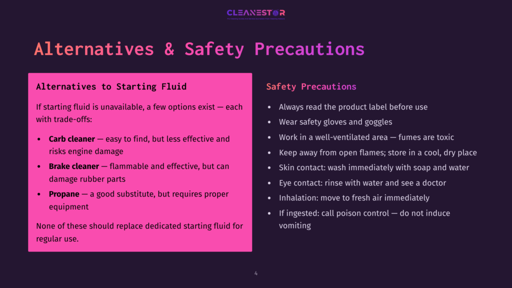 Slide With Title &Quot;Alternatives &Amp; Safety Precautions&Quot; Listing Starting Fluid Alternatives Like Carb Cleaner And Propane, And Safety Precautions Including Wearing Gloves And Goggles.