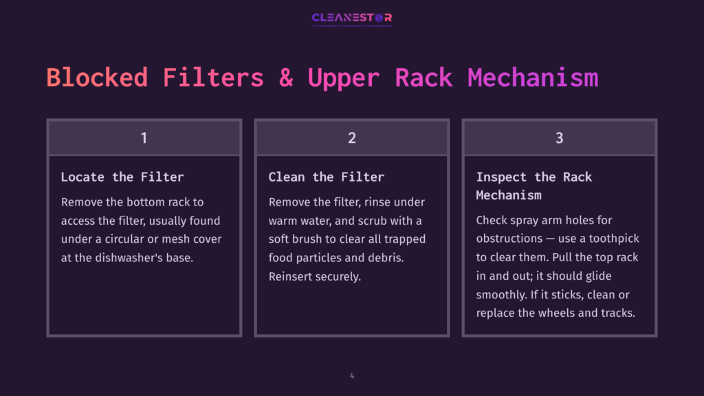 4 Blocked Filters And Upper Rack Mechanism Infographic Detailing How To Fix A Blocked Dishwasher Filter And Upper Rack Mechanism. Steps Include Locating And Cleaning The Filter, And Inspecting The Rack Mechanism For Obstructions.