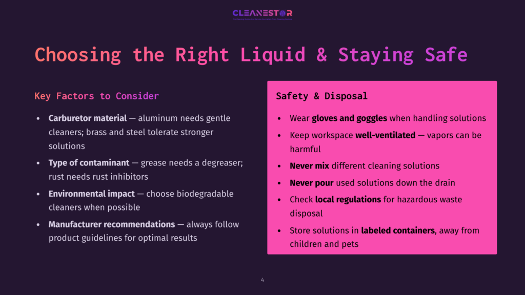 Presentation Slide Titled &Quot;Choosing The Right Liquid &Amp; Staying Safe,&Quot; Detailing Key Factors Like Carburetor Material, Type Of Contaminant, And Environmental Impact, Alongside Safety And Disposal Guidelines Including Wearing Gloves And Goggles And Proper Ventilation.
