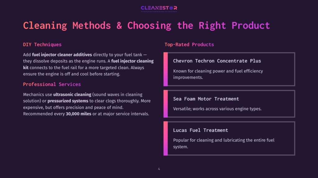 Infographic Titled &Quot;Cleaning Methods &Amp; Choosing The Right Product&Quot; Displays Three Sections: Diy Techniques, Top-Rated Products, And Professional Services. Text Highlights Adding Fuel Injector Cleaner Directly To The Fuel Tank, Ultrasonic Cleaning, And Pressurized Systems For Thorough Cleaning. It Mentions Products Like Chevron Techron Concentrate Plus And Lucas Fuel Treatment, Emphasizing Their Benefits And Recommendations.
