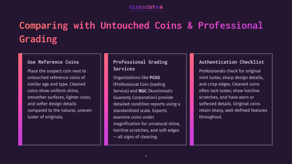 Comparison Of Untouched Coins And Professionally Graded Coins, Highlighting Differences In Luster, Surface, And Edge Details. Text Includes &Quot;Use Reference Coins,&Quot; &Quot;Professional Grading Services,&Quot; And &Quot;Authentication Checklist.