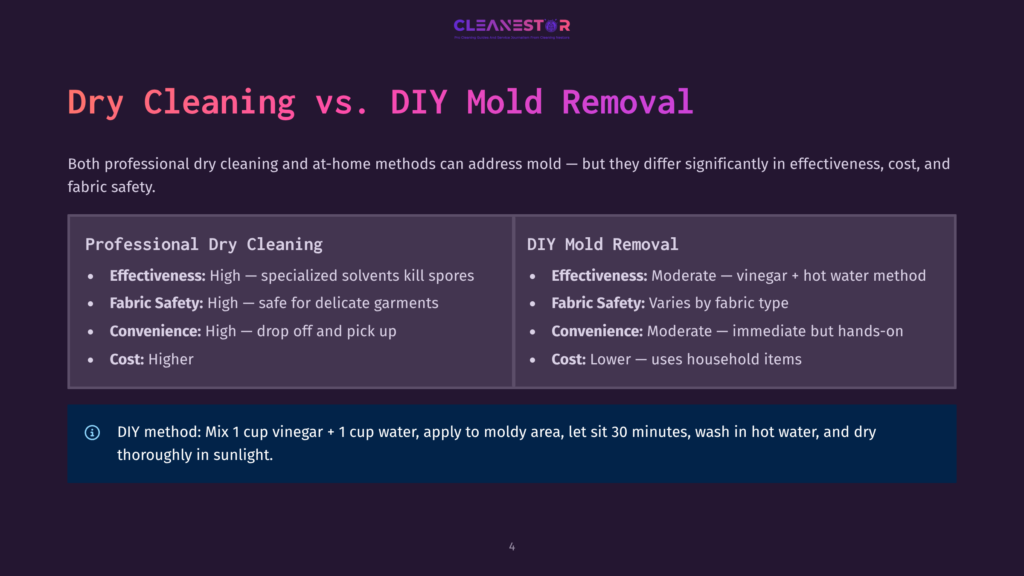 Comparison Table Of Professional Dry Cleaning Vs. Diy Mold Removal, Detailing Effectiveness, Fabric Safety, Convenience, And Cost. The Diy Section Highlights A 1 Cup Vinegar + 1 Cup Water Solution.