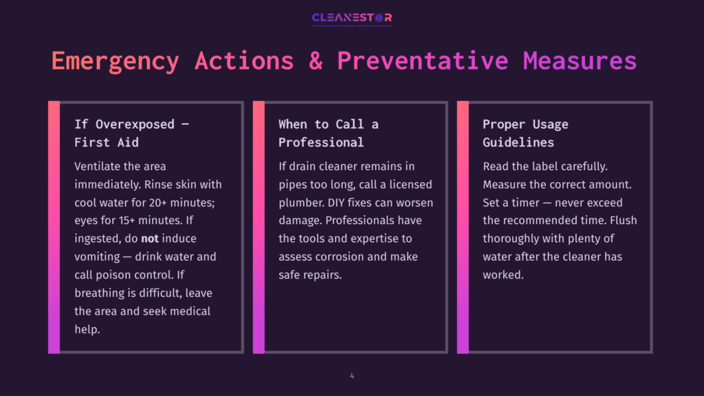 A Dark Purple Graphic With Three Columns Detailing Emergency Actions And Preventative Measures For Drain Cleaner Use. The Columns Are Titled &Quot;If Overexposed - First Aid,&Quot; &Quot;When To Call A Professional,&Quot; And &Quot;Proper Usage Guidelines,&Quot; With Bulleted Text Under Each.