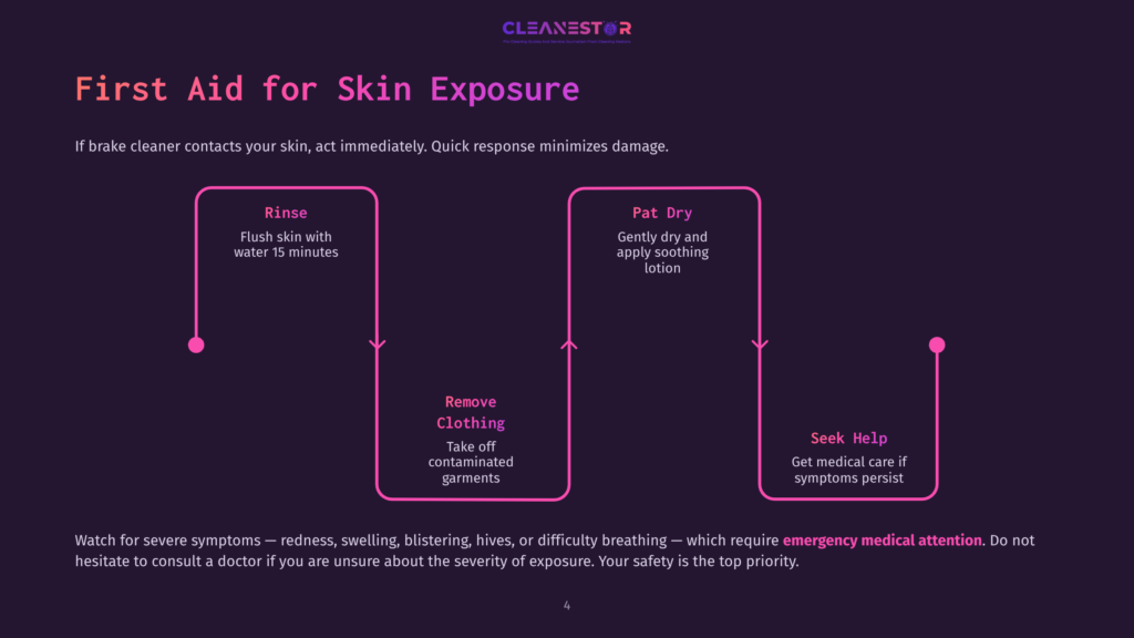 First Aid For Skin Exposure Flowchart: Rinse Skin With Water For 15 Minutes, Remove Contaminated Clothing, Pat Dry With Lotion, And Seek Medical Help If Symptoms Persist. The Graphic Includes Text From Cleanestor.