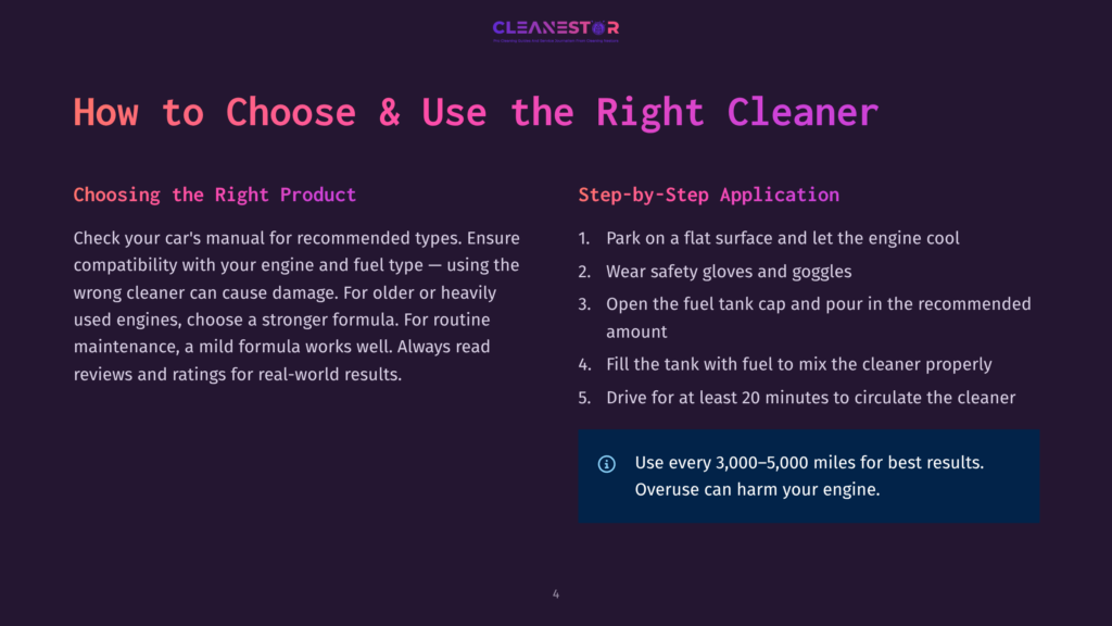 A Dark Background With The Text &Quot;Cleanestor&Quot; At The Top, Followed By &Quot;How To Choose &Amp; Use The Right Cleaner&Quot; And Two Columns Of Text Detailing Product Choice And Application Steps.